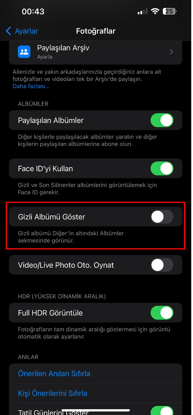 iphone gizli albümünü gizleme