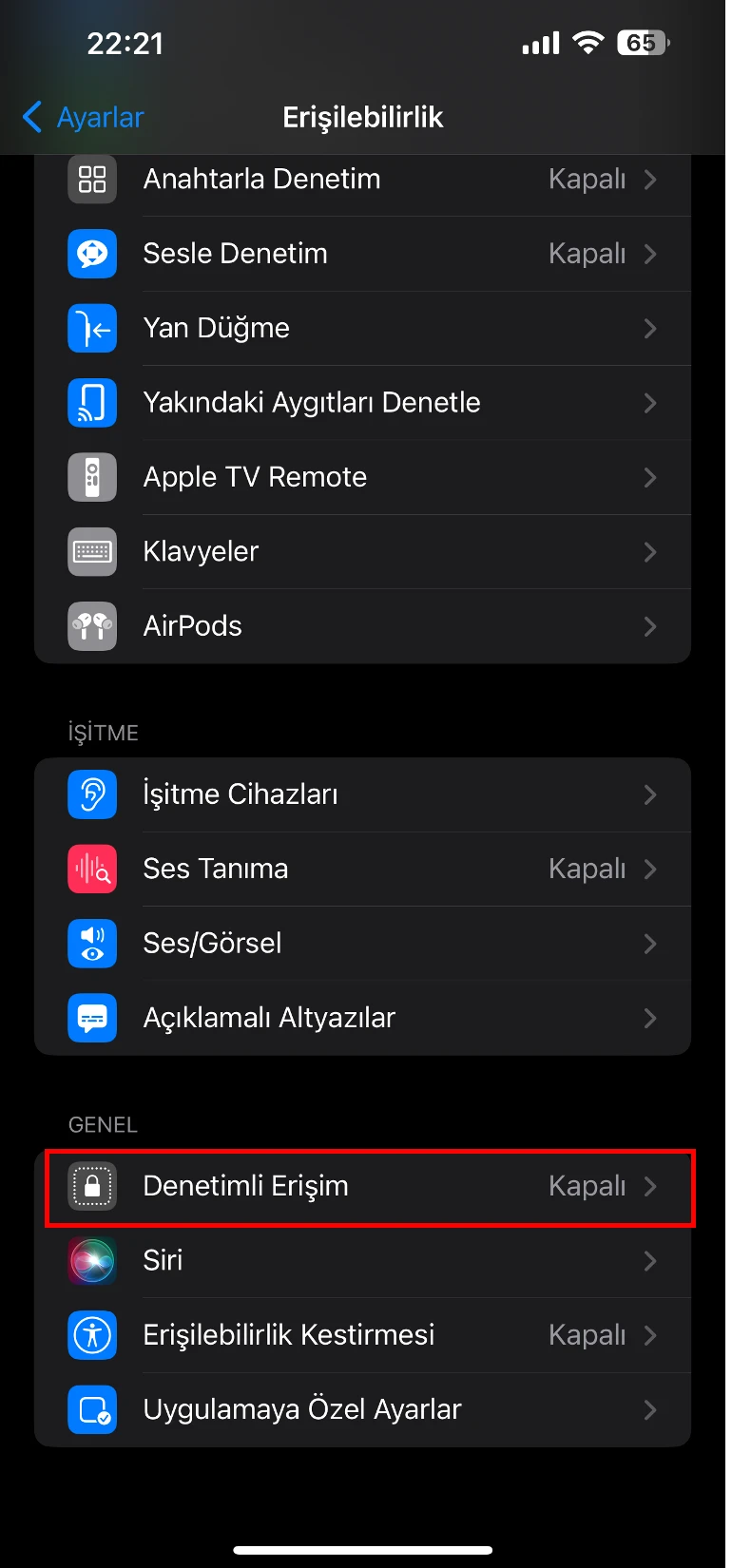 iphone denetimli erişim