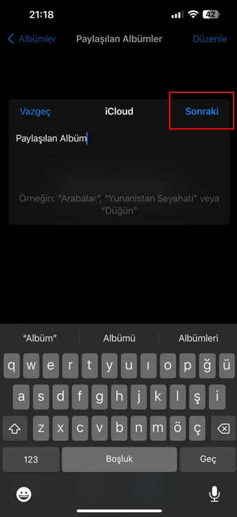 iphone paylaşılan album